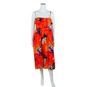 Vintage 1980s Hawaiian Style Dress Bright Orange Hibiscus Shirred Back Babydoll